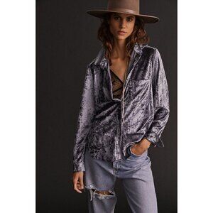 NWT Anthropologie Velvet Button Down Shirt XXSP Silver $130 Petite